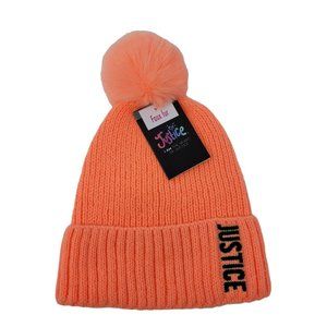 Justice Girls Winter Beanie Hat Orange With Pom Pom One Size New With Tags!
